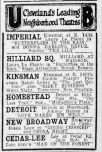 Ad for seven Cleveland theatres, 1927.
