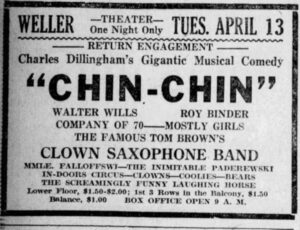 Advertisment for Chin Chin playing at the Weller Theater, April 13 (1920).