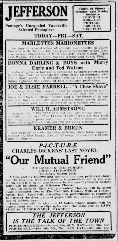 Copy of Ad from the March 13, 1924 Muskegon Chronicle showing the playbill for the Jefferson Theatre.