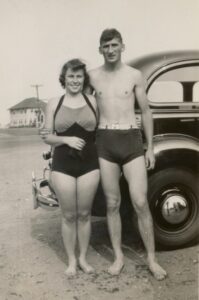 Photo of two young adults in swim suits circa 1938. 