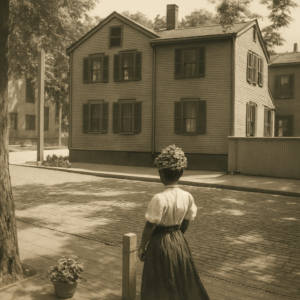 Photo of Louise Armstrong, 1899, and house at the SW corner of High & Spring, Portland, Maine.