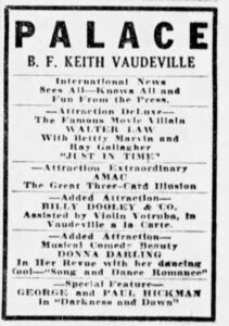 Display ad for the Palace Theater - B. F. Keith Vaudeville.