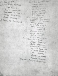 Handwritten list of students in photo.