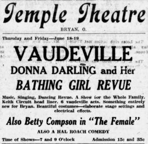 Newspaper advertisement for Donna Darling and her Bathing Girl Revue at the Temple Theatre, Bryan, Ohio, June 18–19, 1925.