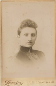 Cabinet card portrait of Eva Beatrice Sawyer as a young woman, photographed by Lamson studio in Portland, Maine, circa 1890.