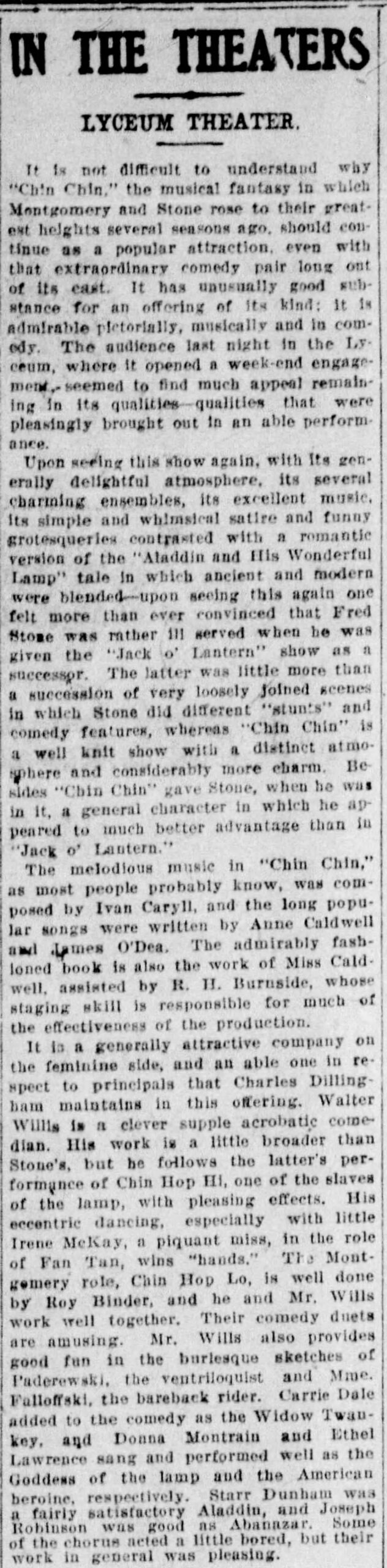 Democrat and Chronicle theatre review of Chin Chin at the Lyceum, March 5, 1920, naming Donna Montran and Ethel Lawrence as the Goddess of the Lamp and the American heroine