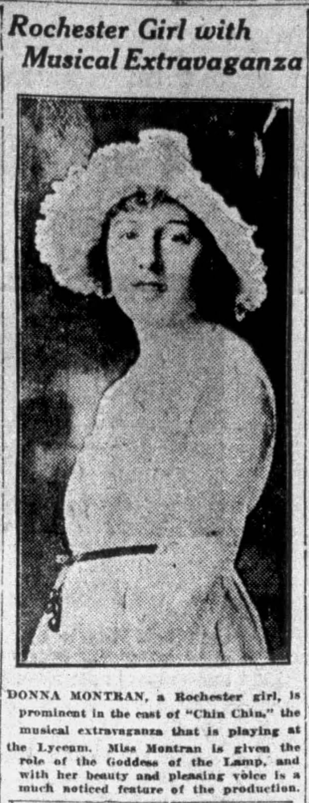 Newspaper feature headlined “Rochester Girl with Musical Extravaganza” showing a portrait of Donna Montran in costume, with caption identifying her as the Goddess of the Lamp in Chin Chin at the Lyceum Theatre